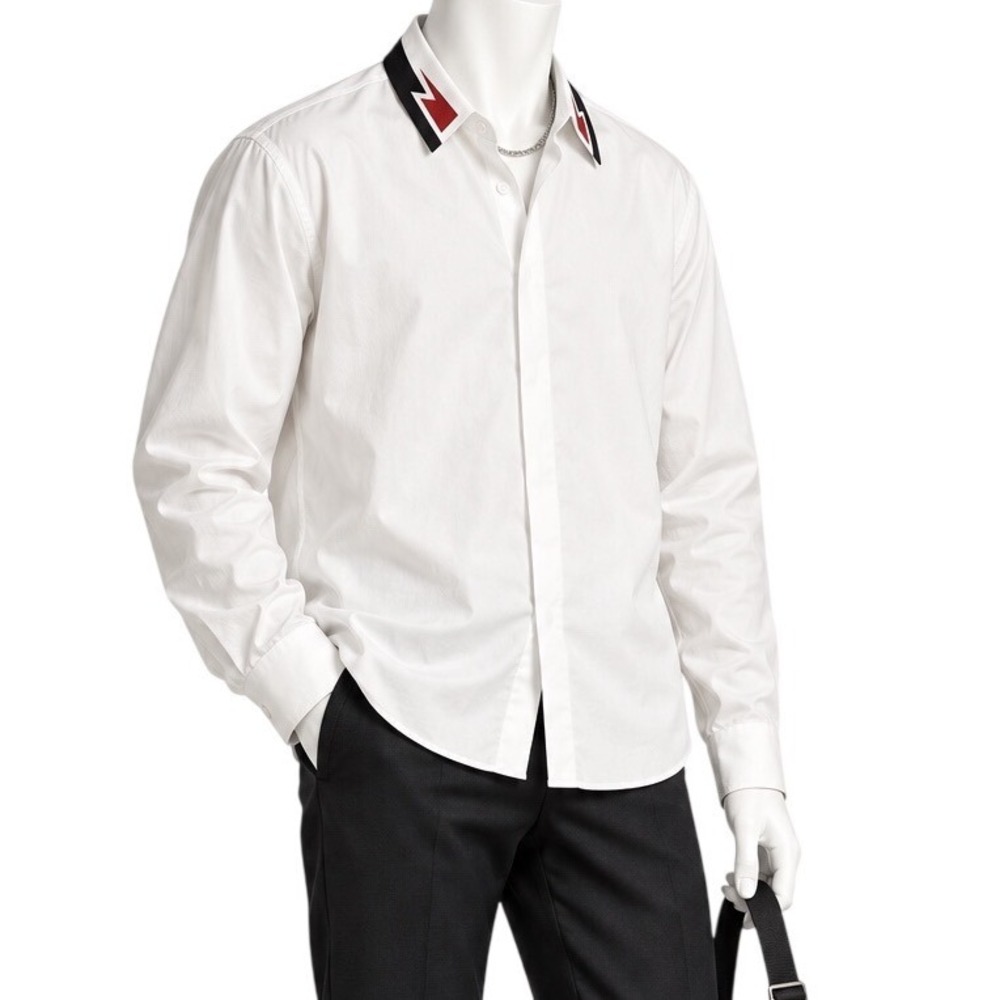 NEIL BARRETT SS20 Thunderbolt Collar Hidden Placket Shirt White | Men's XL
